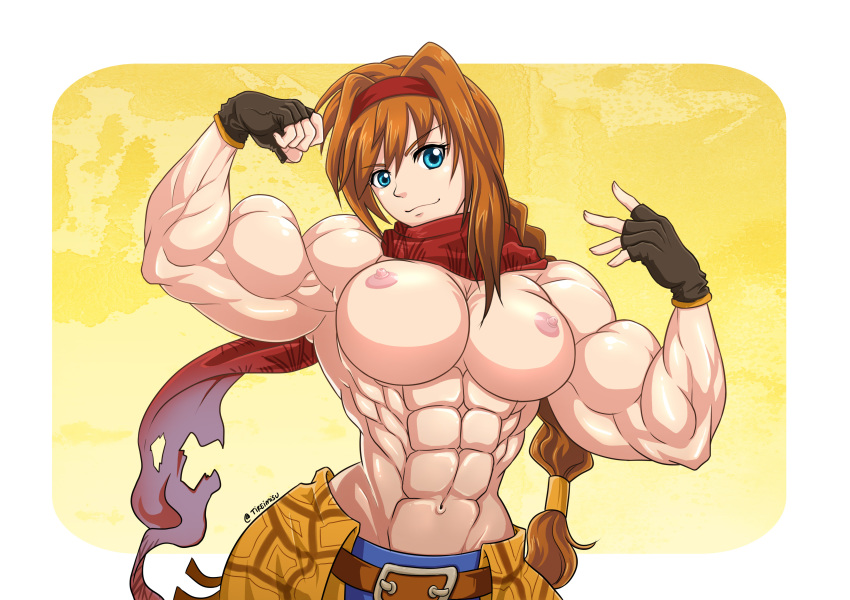 abs belt biceps big_muscles blue_eyes braid breasts brown_hair exposed_breasts extreme_muscles female female_only fingerless_gloves flexing gloves large_breasts long_hair muscles muscular muscular_female navel nipples pose scarf solo tireimisu virginia_maxwell white_background wild_arms wild_arms_3