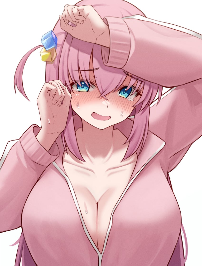 1girls absurdres big_breasts blue_eyes blush bocchi_the_rock! breasts cleavage collarbone commentary_request cube_hair_ornament female fingernails gotou_hitori hair_ornament highres jacket kano_(wi3028) large_breasts long_hair long_sleeves looking_at_viewer open_mouth pink_hair pink_jacket simple_background solo sweatdrop upper_body white_background