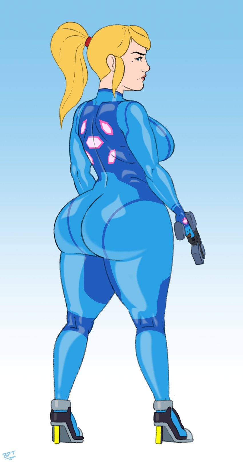 1girls big_ass big_butt blonde_hair brush_pen_ten clothed clothing female female_focus female_only huge_ass huge_butt light-skinned_female light_skin metroid samus_aran thick_thighs wide_hips