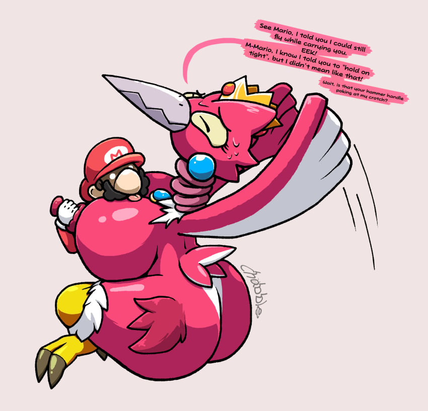 alternate_species anthro beak bird chabble english_text flying grabbing_nipples mario mario_(series) mario_and_luigi:_brothership mario_and_luigi_(series) nipples post_transformation princess_peach snaptor_(brothership) super_mario_bros. wings