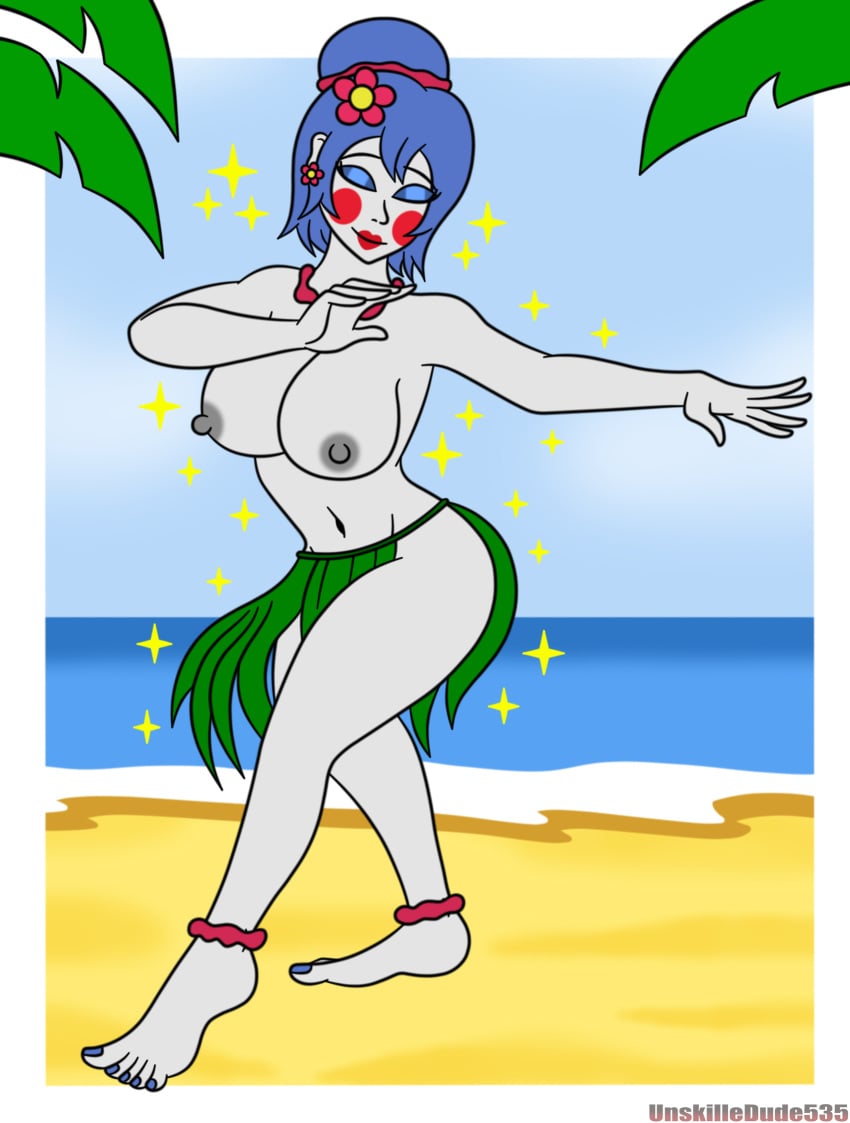 1girls ballerina ballora ballora_(fnafsl) ballora_(fnia) beach blue_eyeshadow blue_hair blue_nails blush closed_eyes dance day female five_nights_at_freddy's five_nights_at_freddy's:_sister_location five_nights_in_anime flower flower_in_hair grass_skirt hair_bun hula navel outdoors outside red_lipstick solo tied_hair topless unskilledude535 white_skin