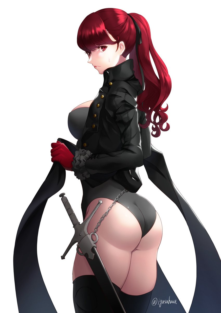 absurdres alternate_breast_size artist_name ass black_jacket black_leotard black_ribbon black_thighhighs breasts chains closed_mouth coattails female frilled_cuffs from_side glaring gloves hair_ribbon highres holstered igusaharu jacket kasumi_yoshizawa large_breasts leotard lips long_hair looking_at_viewer persona persona_5 persona_5_royal phantom_thief_suit ponytail red_eyes red_gloves red_hair ribbon sheath sheathed simple_background solo sumire_yoshizawa sweatdrop sword thighhighs weapon white_background