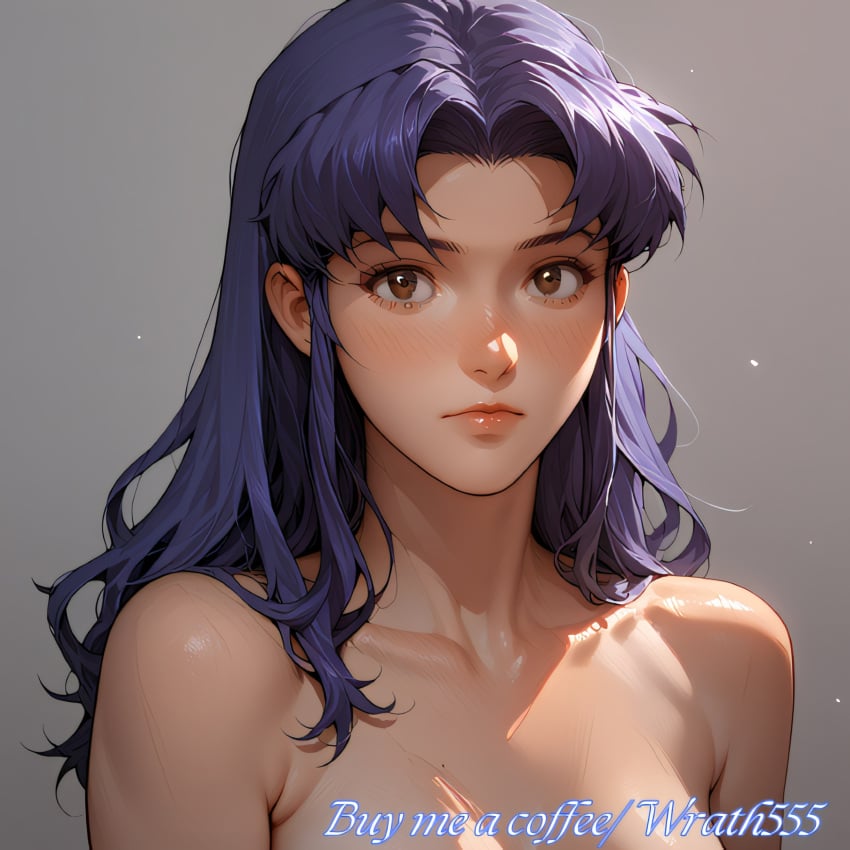 ai_generated bangs_over_eyes cute_face misato_katsuragi naked purple_hair wrath555