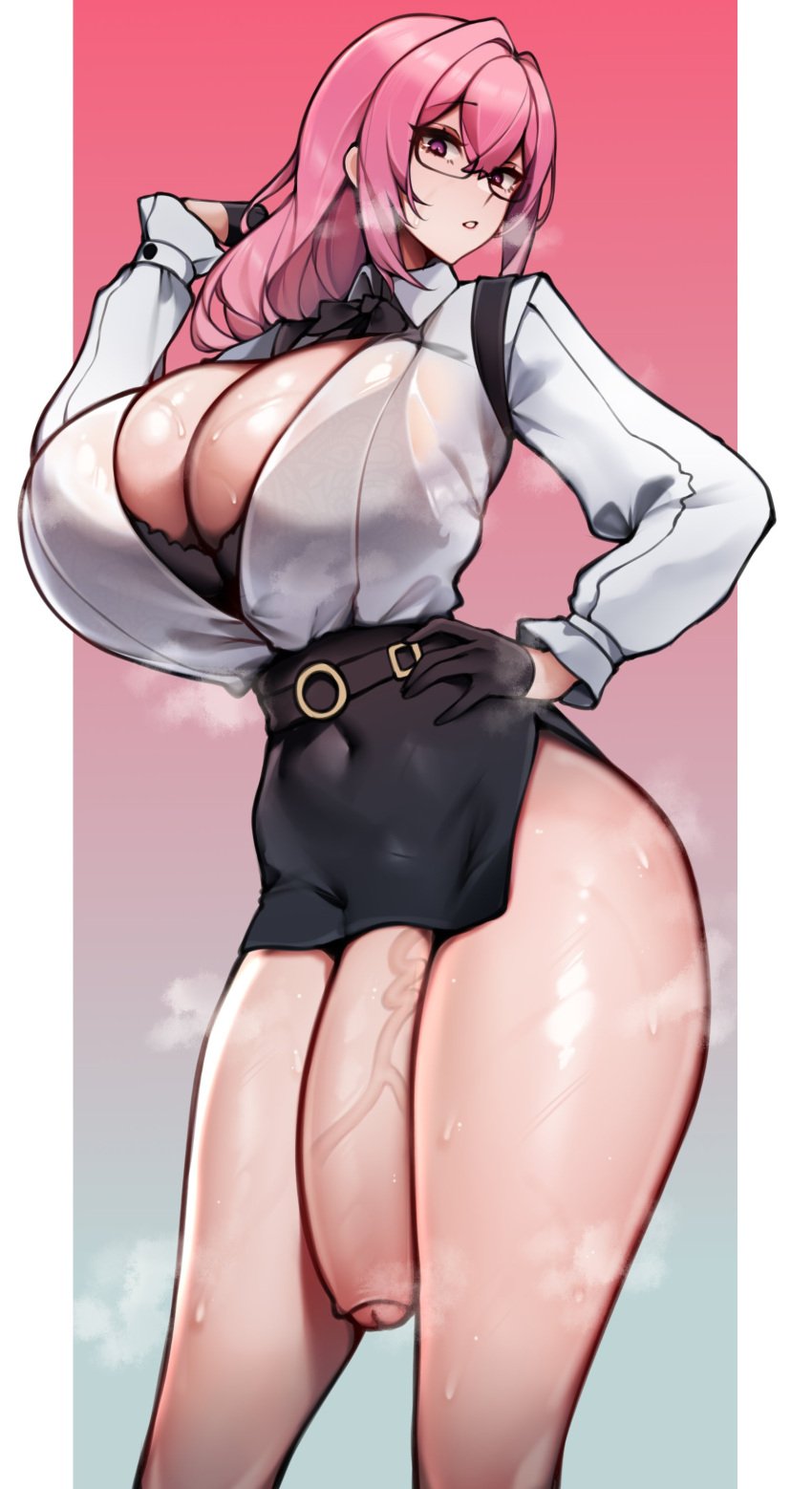 1futa big_breasts big_penis bottomless breasts busty cleavage clothed clothing dangling_penis flaccid foreskin futa_only futanari glasses hoyoverse huge_breasts huge_cock human hung hung_futanari large_breasts large_penis light-skinned_futanari light_skin mihoyo mostly_clothed musk musk_clouds office_clothing office_lady partially_retracted_foreskin penis pink_eyes pink_hair short_hair solo standing steam steaming_body thick_penis thick_thighs tsukishiro_yanagi unbeller uncircumcised uncircumcised_penis uncut zenless_zone_zero