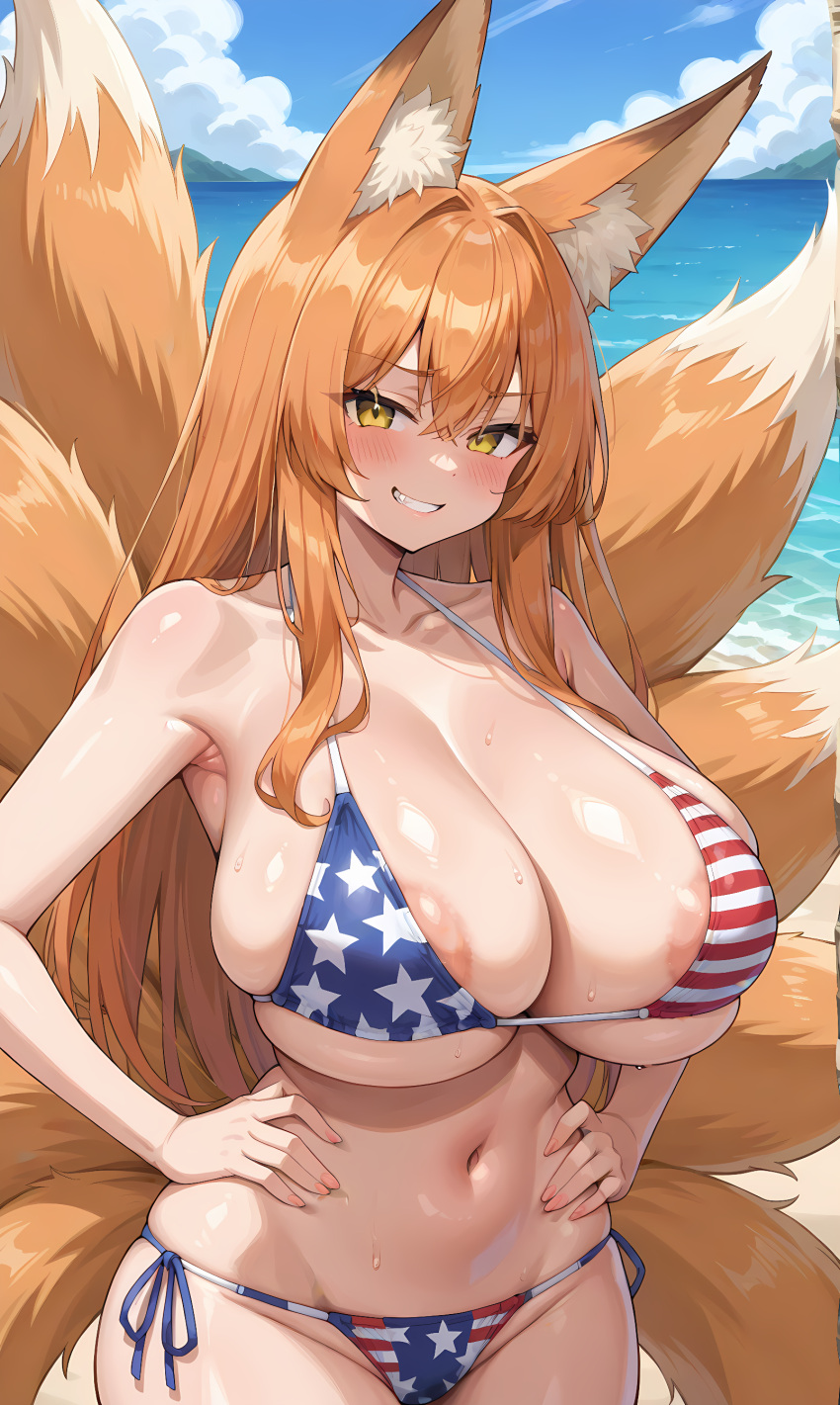 1girls ai_generated american_flag_bikini areolae areolae_slip beach fox_ears fox_girl fox_tail grin huge_breasts kitsune kyuubi multiple_tails orange_eyes orange_hair smug