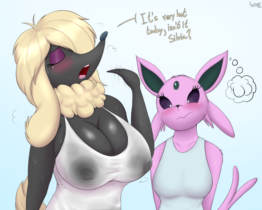 absurd_res an-tonio anthro anthrofied big_breasts blush breast_envy breast_size_difference breasts canid canine cleavage clothed clothing digital_media_(artwork) duo eeveelution espeon female fur furfrou generation_2_pokemon generation_6_pokemon hi_res mammal medium_breasts nintendo open_mouth pokemon pokemon_(species) shirt silvia_(an-tonio) topwear wet wet_clothing wet_shirt wet_topwear