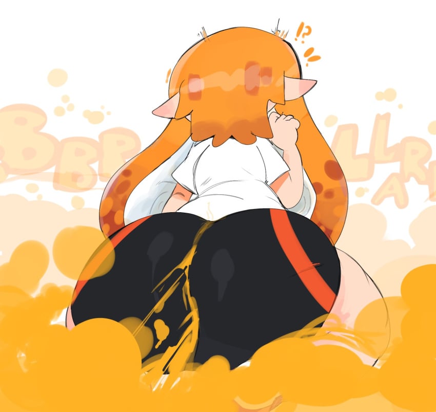 !? fart female female_focus inkling inkling_girl kaori_(splatoon) nintendo novacartridge_(artist) orange_hair shocked shorts solo solo_female solo_focus splatoon splatoon_(series) surprised wet_fart