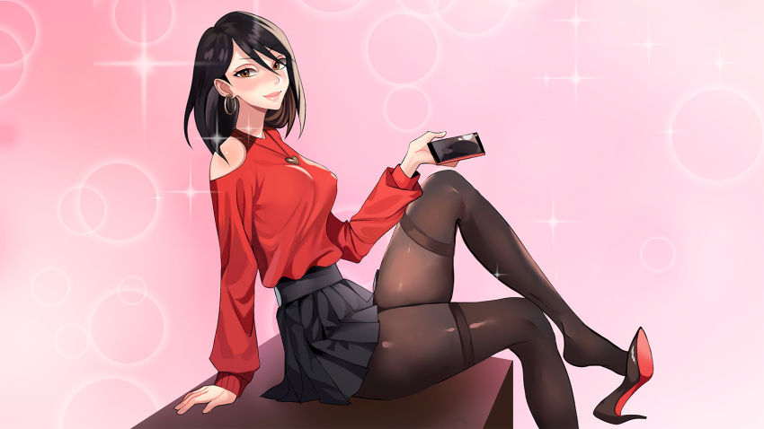 bare_shoulders black_hair black_legwear black_shoes black_skirt blush blush blushing_at_viewer bob_cut female female_focus female_only high_heels holding_object holding_phone horny_capybara long_sleeves original original_character plaid_skirt red_shirt white_skin