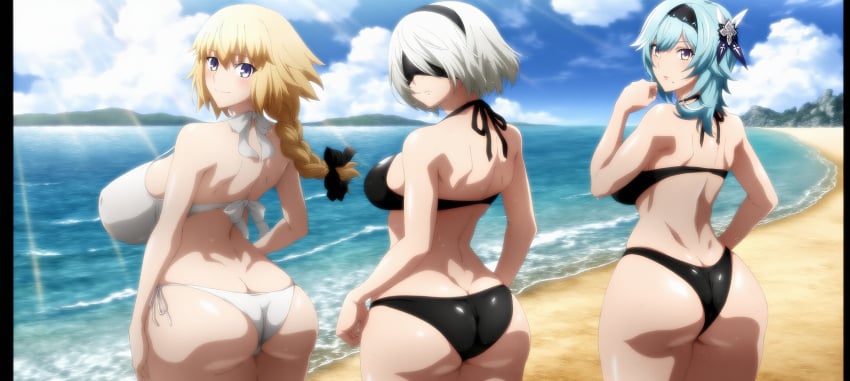 ai_generated bikini blindfold blonde_hair blue_hair eula_(genshin_impact) fate/apocrypha fate/grand_order fate_(series) from_behind genshin_impact jeanne_d'arc_(fate) jeanne_d'arc_(fate)_(all) looking_at_viewer nier:_automata nier_(series) water white_hair yorha_2b