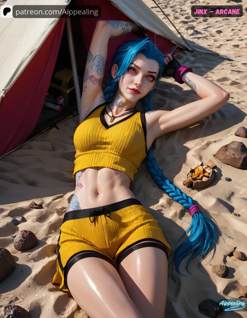 ai_generated aippealing arcane arms_behind_head blue_hair braid female female_focus female_only jinx_(league_of_legends) laying_down league_of_legends looking_at_viewer navel shorts tank_top tattoos