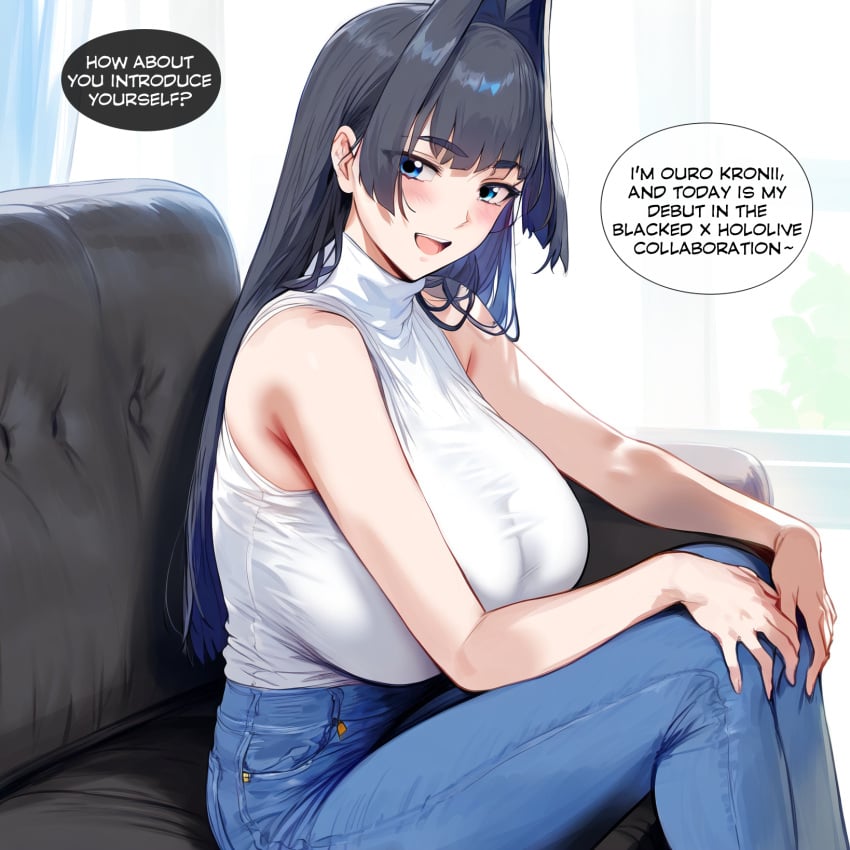 1girl 1girls ai ai_generated big_boobs big_breasts black_hair black_hair_female blue_eyes blue_eyes_female blue_hair blue_hair_female blue_jeans blush blush_lines blushing boobs bra bra_visible_through_clothes breasts english english_text eyelashes female female_focus female_only hands_on_knees himeno hips hololive hololive_english hololive_english_-council- inner_hair jeans light-skinned_female light_skin long_hair long_hair_female multicolored_hair ouro_kronii sitting sitting_on_couch sitting_on_sofa sleeveless sleeveless_shirt sleeveless_turtleneck smile sweater text text_bubble thick turtleneck turtleneck_sweater virtual_youtuber vtuber white_sleeveless_shirt white_sweater window_light