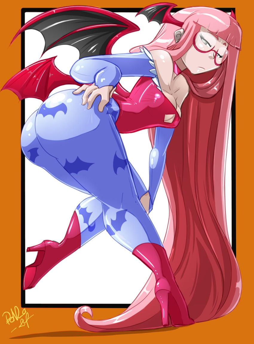 1girls ass big_ass breasts cosplay crossover darkstalkers female female_only head_wings high_heel_boots high_heels large_ass leotard lilith_aensland_(cosplay) long_hair pink_hair shonuff shonuff44 source_request under_night_in-birth under_night_in-birth_2_sys:celes uzuki_(under_night_in-birth) very_long_hair wings