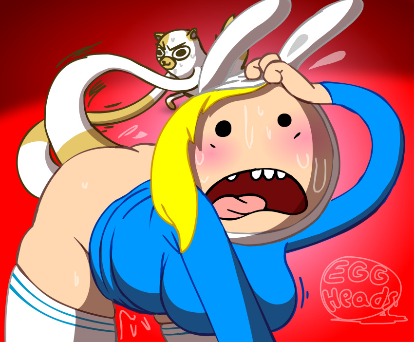 2girls 3ggheads adventure_time ass bbw big_breasts blonde_hair blush cake cake_the_cat cat chubby clothed elastic female female_only fionna_the_human_girl interspecies multiple_girls slightly_chubby stretchy stretchy_arms sweat thigh_highs yuri