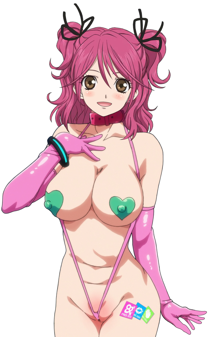 breasts cheria_barnes collar erect_nipples large_breasts mizuryuuland nipples open_mouth partially_visible_vulva plump sling_bikini sling_bikini_aside swimsuit tales_of_(series)