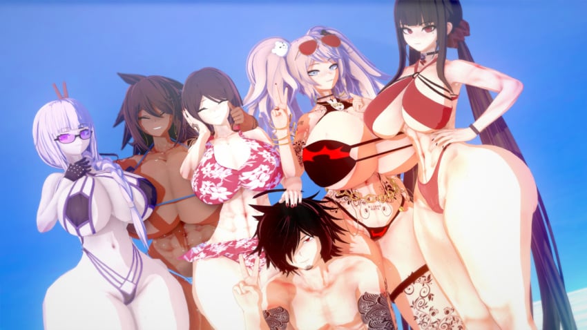 1boy 1boy5girls 5girls 5girls1boy ass beach beach_background big_ass big_breasts bikini black_hair blonde_hair blue_eyes breasts bubble_ass bubble_butt close-up danganronpa danganronpa:_trigger_happy_havoc danganronpa_1 danganronpa_killer_killer dark-skinned_female dark_skin fenrirsjaw harukawa_maki junko_enoshima kirigiri_kyouko large_breasts lavender_eyes lavender_hair leifruby2 light-skinned_female light-skinned_male light_skin long_hair looking_at_viewer massive_ass massive_breasts mukuro_ikusaba muscular_female muscular_male owari_akane ponytail red_eyes scar scared scars scars_all_over short_hair smile smiling smiling_at_viewer straight_hair sunglasses sunglasses_on_head swimsuit takumi_hijirihara tattoo tattoo_on_arm tattooed_arm tattoos thick_thighs thighs v_sign voluptuous voluptuous_female