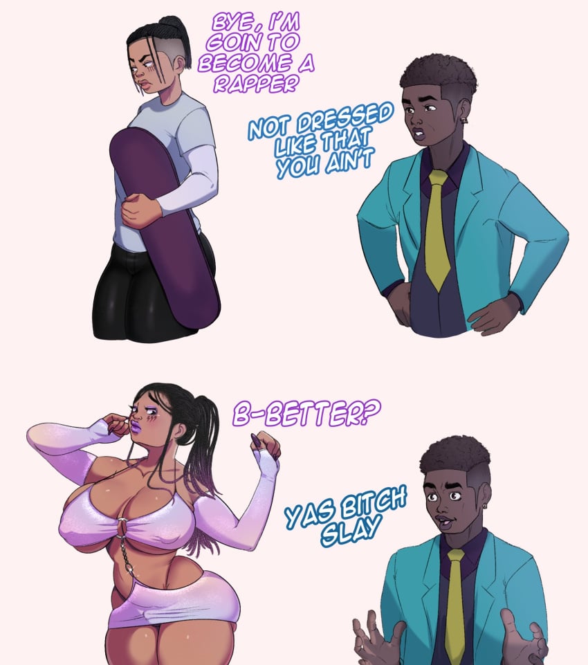 2boys before_and_after big_ass big_breasts cleavage d'sweet_(patito_papito) dark-skinned_femboy davonte_(patito_paptito) dialogue femboy femboy_with_breasts feminization hormone_breasts meme patito_papito sissification sissy thin_waist wide_hips