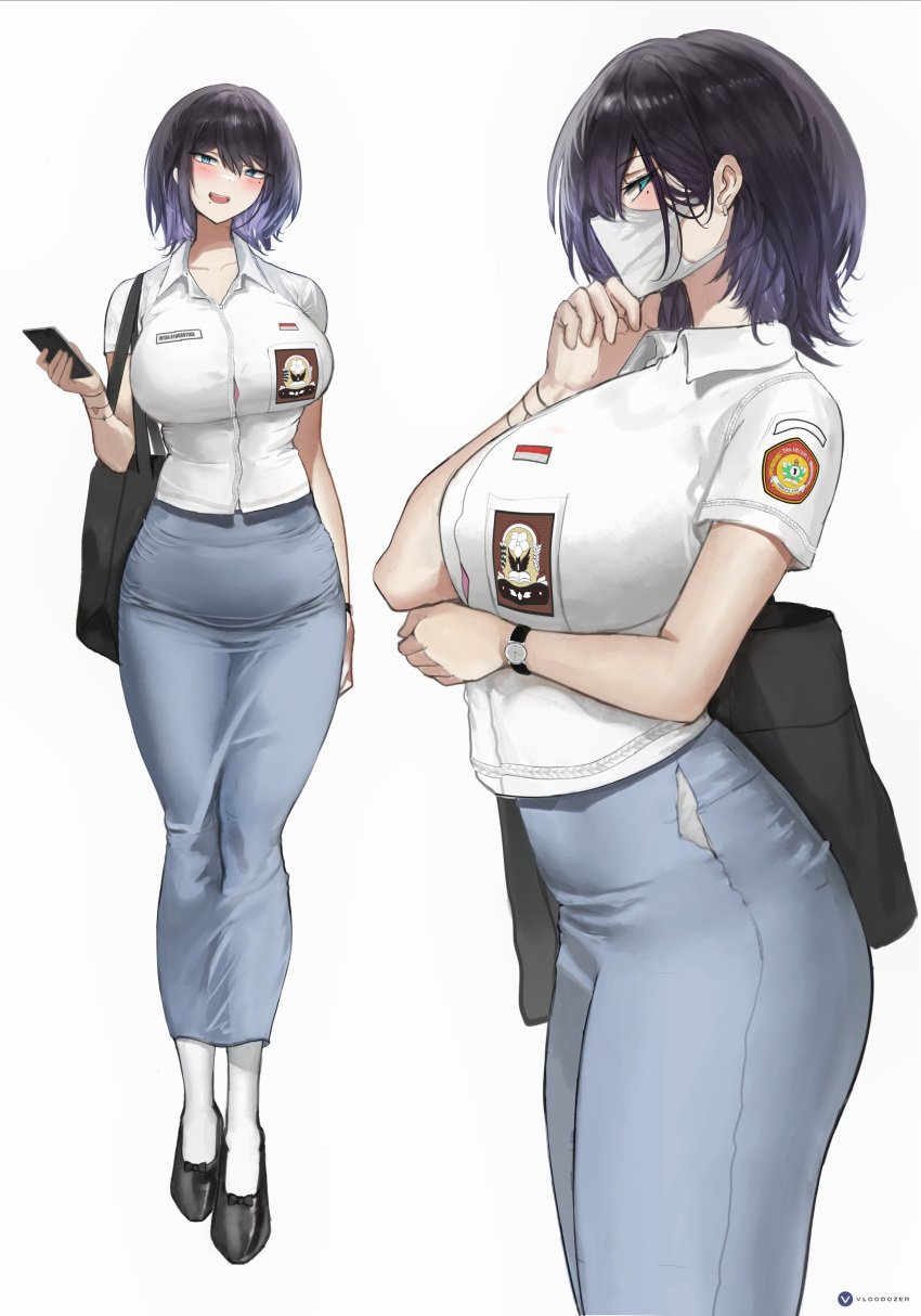 1girls 2024 arm_under_breasts artist_logo bag big_breasts black_bag black_footwear black_hair blue_eyes blue_eyes_female blush breast_pocket breasts busty busty_female cellphone collarbone collared_shirt curvy_body curvy_female curvy_figure ear earring female female_focus female_solo flag handbag high_school highschool huge_boobs huge_breasts huge_tits_teen indonesia indonesian indonesian_flag indonesian_high_school_uniform indonesian_school_uniform intan_ayu_kartika_(vloodozer) jewelry large_breasts logo long_skirt looking_at_viewer mary_janes mask masked masked_female mole mole_under_eye mouth_mask multicolored_hair multiple_views october october_(month) open_mouth pale-skinned_female pale_skin pale_skinned_female phone pocket purple_hair school_uniform schoolgirl schoolgirl_outfit schoolgirl_uniform shirt shoes short_hair short_sleeves skirt smartphone socks solo_female solo_focus standing stroking_own_chin student two-tone_hair two_tone_hair uniform vloodozer watch white_background white_mask white_shirt white_socks wristband wristwatch