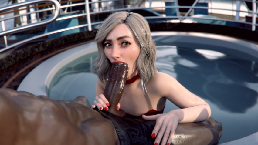 007_first_light 1boy 1girls 3d black_hair blowjob blowjob_face dark-skinned_male dark_skin fellatio interracial leeterr light-skinned_female light_skin oral oral_sex penis pool sucking sucking_penis veiny_penis