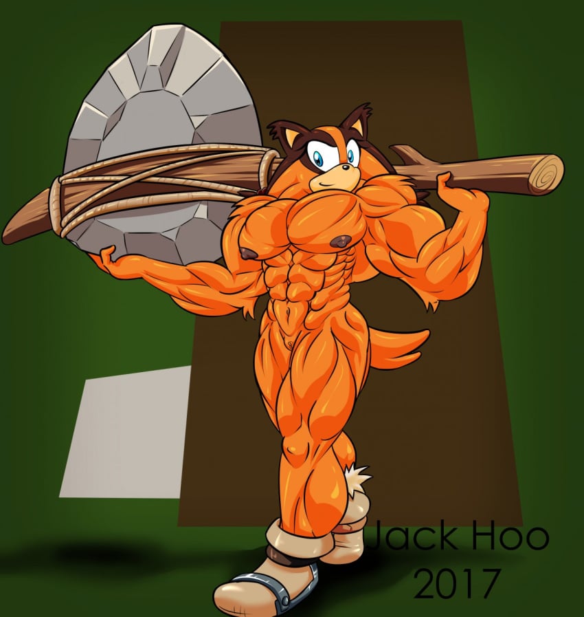 2017 abs anthro axe badger biceps blue_eyes boots clothing extreme_muscles eyelashes female flat_chested footwear hyper hyper_muscles invalid_tag jack_hoo_(artist) mammal melee_weapon mostly_nude muscular muscular_female mustelid navel nipples nude pussy smile sonic_(series) sonic_boom sticks_the_badger sticks_the_jungle_badger sticks_the_tejon weapon