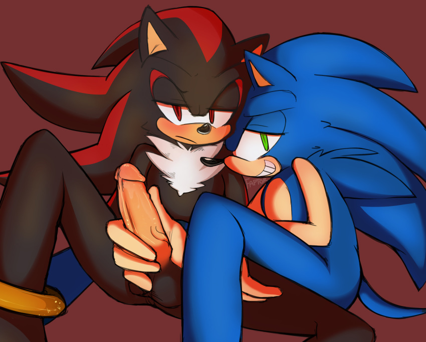 anthro anthro_on_anthro ass balls barefoot blush close-up clothing erection faptor fur gay gloves green_eyes half-closed_eyes handjob hedgehog hi_res looking_at_viewer male mammal nude penis quills red_eyes sex shadow_the_hedgehog sitting smile sonadow sonic_(series) sonic_the_hedgehog spread_legs spreading teeth vein veiny_penis video_games yaoi