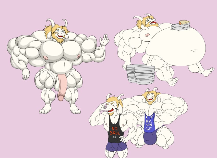 2017 abs asgore_dreemurr asriel_dreemurr athletic balls belly biceps big_balls big_belly big_penis blonde_hair boss_monster bulge caprine closed_eyes clothing father food fur goat god_of_hyperdeath hair horn hyper hyper_belly male male_only mammal mature_male musclegut muscular muscular_male navel nude open_mouth parent pecs penis pie plate proxol_(artist) shirt shorts son speedo swimsuit undertale video_games white_fur