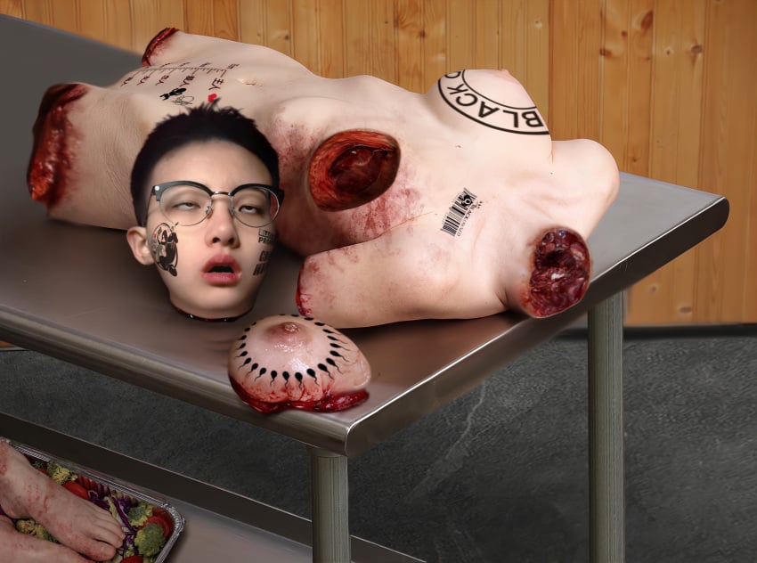 3d_(artwork) absurdres amputee chinese chinese_female debreasted decapitated_head decapitation deep_wound dismemberment ero_guro female gore guro highres injury light-skinned_female original quadruple_amputee queen_of_spades_symbol slaughtered tattoo torture