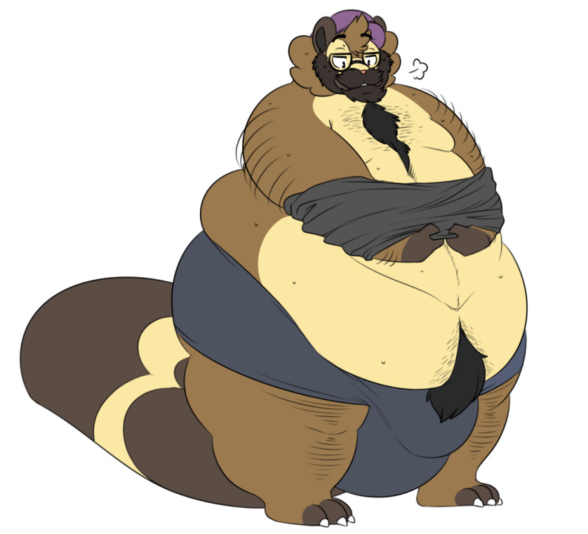 anthro beauregard_(rakashama) beaver belly bibarel big_belly big_bulge body_hair bulge chest_hair digital_media_(artwork) facial_hair glasses half-dressed happy_trail huge_belly huge_bulge hyper male male_only morbidly_obese mustelid nintendo obese overweight overweight_male plain_background pokemon pubic_hair pubic_tuft rakashama solo thick_thighs underwear undressing white_background wide_hips