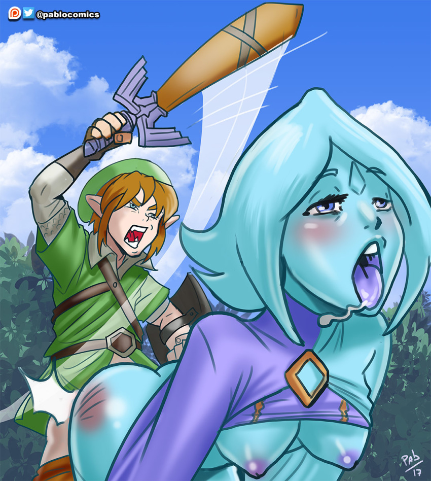 1boy 1girls armless ass blue_skin blush breasts clothed_sex doggy_style female fi link link_(skyward_sword) male nipples pablocomics sex shirt_lift skyward_sword spanking the_legend_of_zelda