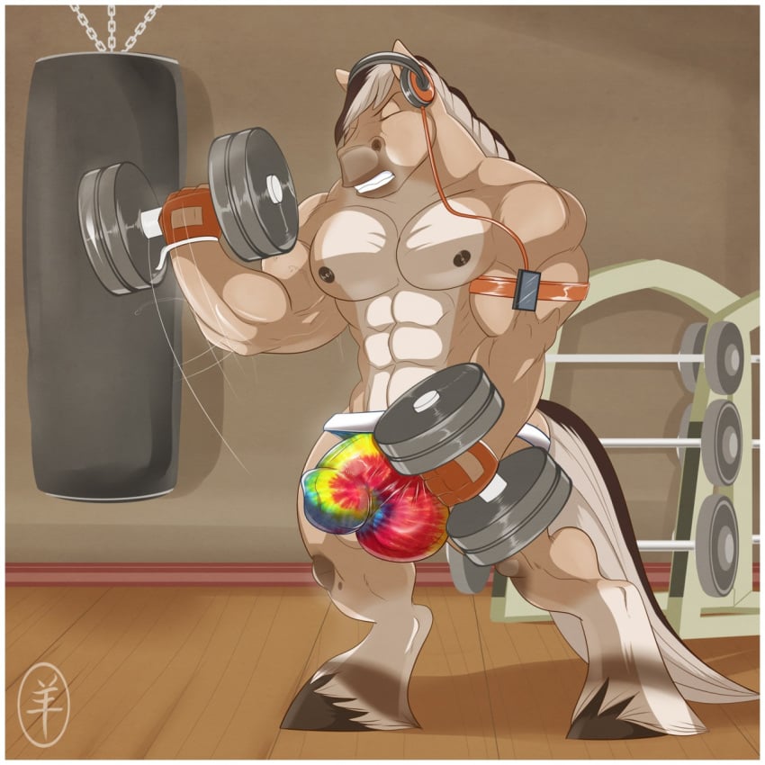 2015 aaron_(artist) abs anthro armband athletic backless_gloves biceps big_muscles biped black_hair black_hooves black_tail border brown_fur brown_nipples bulge clenched_teeth closed_eyes clothed clothing detailed_background digital_media_(artwork) draft_horse dumbbell equine erection erection_under_clothes exercise fingerless_gloves front_view fur gloves gym hair headphones hi_res holding_object hooves horse inside jockstrap long_tail male male_only mammal manly motion_lines multicolored_fur multicolored_hair multicolored_tail muscular muscular_male nipples orange_clothing orange_gloves pecs penis penis_outline pepsi_(fa) portable_music_player pose punching_bag rainbow_clothing snout solo standing tan_fur teeth thick_penis topless two_tone_hair two_tone_tail underwear vein victor_jankowski weightlifting weights white_border white_fur white_hair white_tail workout