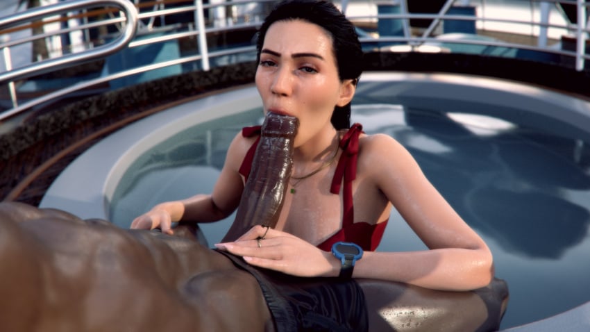 007_first_light 1boy 1girls 3d black_hair blowjob blowjob_face dark-skinned_male dark_skin fellatio interracial leeterr light-skinned_female light_skin oral oral_sex penis pool sucking sucking_penis theresa_lorca veiny_penis