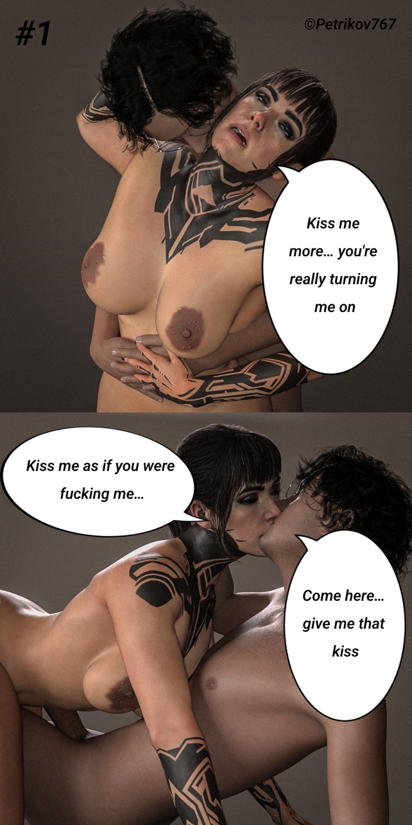 1boy 1girls 3d black_hair brown_nipples brown_skin call_of_duty call_of_duty_black_ops_7 comic_page comic_panel emma_kagan female kiss kissing mexican_male pale-skinned_female petrikov767 render romantic romantic_couple self_insert self_upload sex tattoo text_box text_bubble