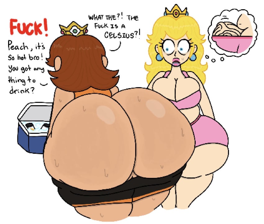 1futa 1girls 2d ass ass_awe blonde_hair bottom_heavy breasts brown_hair bulge busty cleavage erection female futa_with_female futanari light-skinned_futa light_skin mario_(series) nintendo penis princess_daisy princess_peach pussy shorts shorts_down sweat tagme tan-skinned_female tan_skin theslashfive thick_thighs thighs vagina white_background