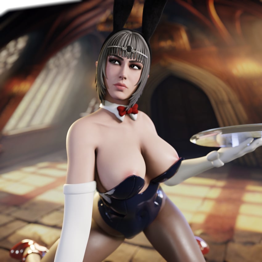 3d 3d_(artwork) 3d_model 3d_print baldur's_gate baldur's_gate_3 baldurs_gate body_suit bodysuit bowtie braid bunny_costume bunny_ears bunny_tail bunnygirl bunnysuit collar dungeons_and_dragons female forgotten_realms gloves heels huge_breasts large_ass large_breasts makeup qb_works serving_tray shadowheart stockings