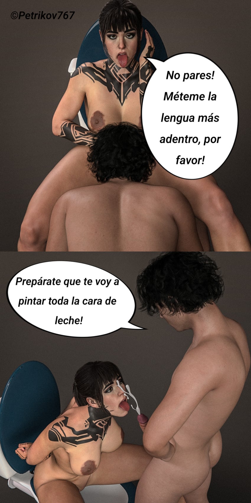 1boy 1girls 3d black_hair blowjob brown_nipples brown_skin call_of_duty call_of_duty_black_ops_7 comic_page comic_panel cum cumshot emma_kagan female mexican_male oral_sex pale-skinned_female petrikov767 render self_insert self_upload sex tattoo text_box text_bubble