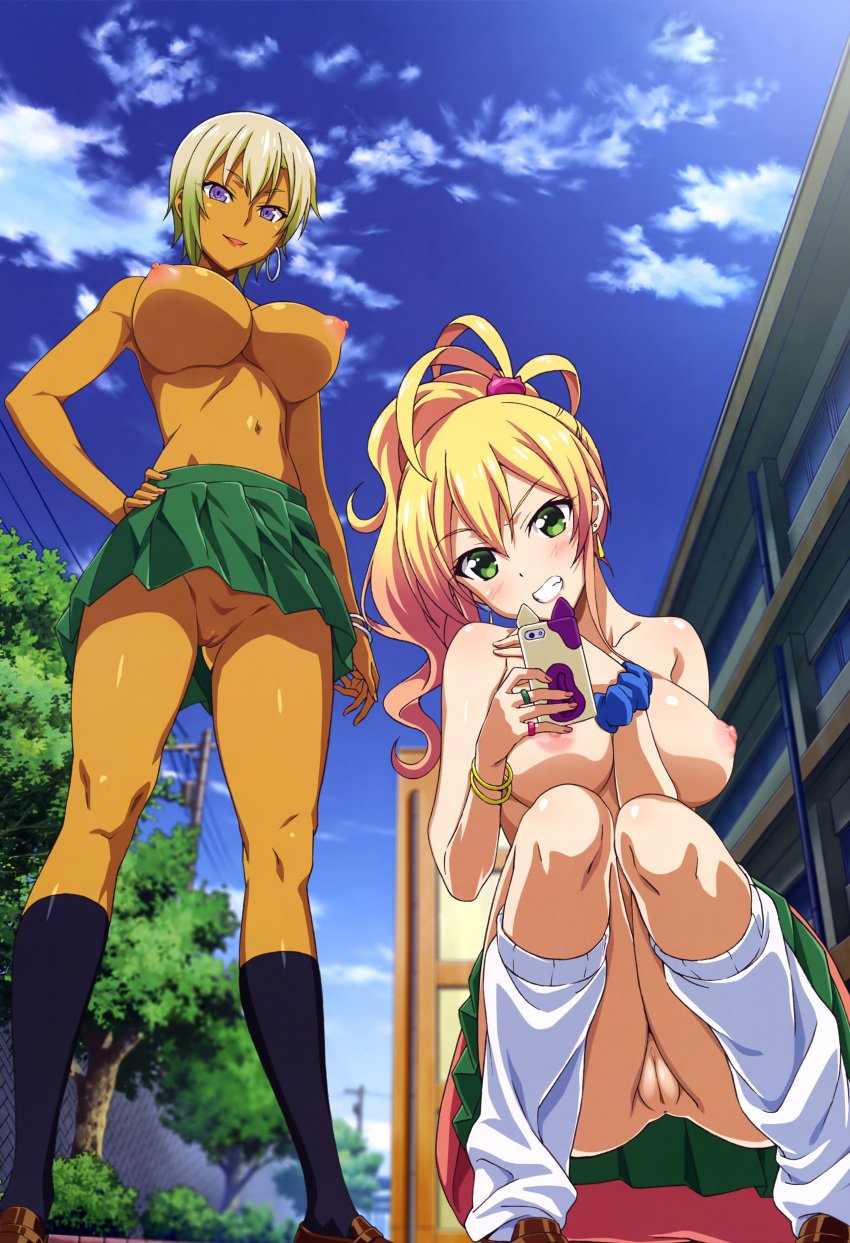 2girls absurdres areolae blonde_hair blue_sky blush bottomless_skirt bracelet breasts brown_footwear city cleft_of_venus cloud clouds dark-skinned_female dark_skin day daytime depth_of_field duo female female_only footwear functionally_nude gal gradient_hair green_eyes green_skirt grin gyaru gyaru_gal hairless_pussy hajimete_no_gal hand_on_hip high_ponytail highres hoop_earrings human innie_pussy jewelry kneesocks kuro_gyaru large_breasts leg_warmers loafers looking_at_viewer loose_socks low-angle_view miniskirt multiple_girls navel nipples no_panties outdoors perky_breasts phone pink_hair pleated_skirt ponytail puffy_nipples purple_eyes pussy pussy_visible_through_thighs ranko_honjou ring shoes skirt sky smartphone smile socks squatting taking_picture topless tree two_tone_hair uncensored upskirt watanabe_yoshihiro white_socks yame_yukana