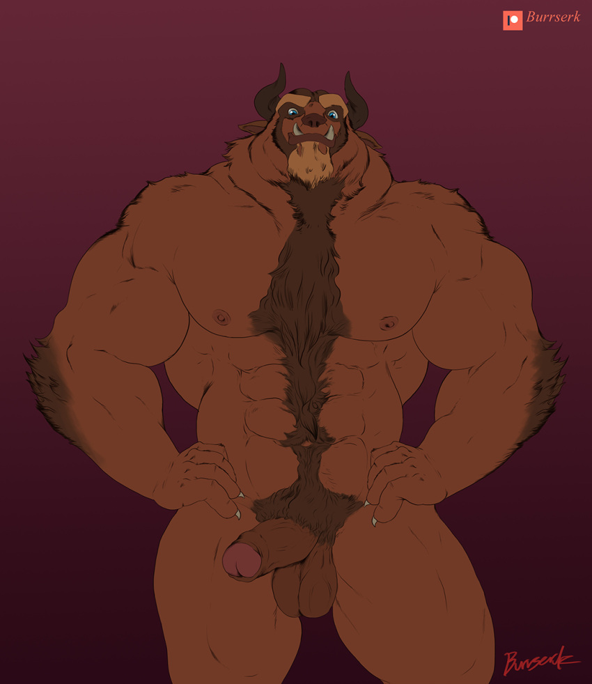 2017 abs anthro balls beard beast_(disney) beauty_and_the_beast blue_eyes body_hair claws disney facial_hair happy_trail horn male male_only monster muscular nude painis18 penis solo tusks