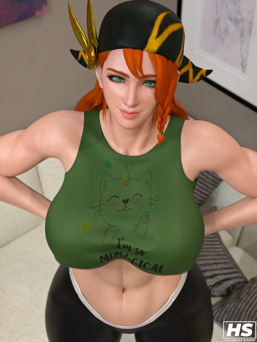 1girls 3d abs bandana big_breasts breasts capcom female female_only ginger_hair green_eyes hagiwara_studio hair_accessory long_hair minayle monster_hunter monster_hunter_rise muscular orange_hair solo tagme