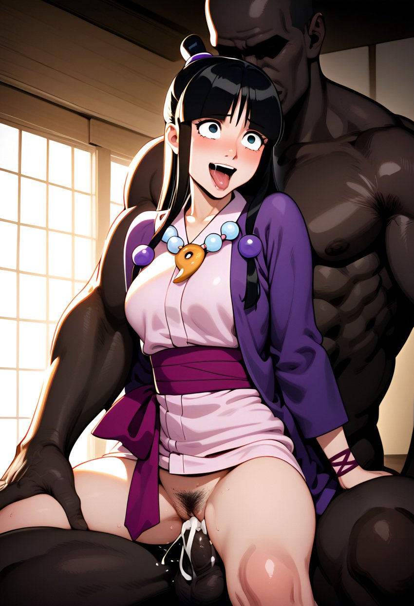 1boy 1girls african_male ai_generated black_hair clothed_female_nude_male cum cum_drip cum_in_pussy cum_inside dark-skinned_male gyakuten_saiban interracial interracial_sex light-skinned_female maya_fey muscular_male pleasure_face pubic_hair sex_from_behind upskirt upskirt_sex