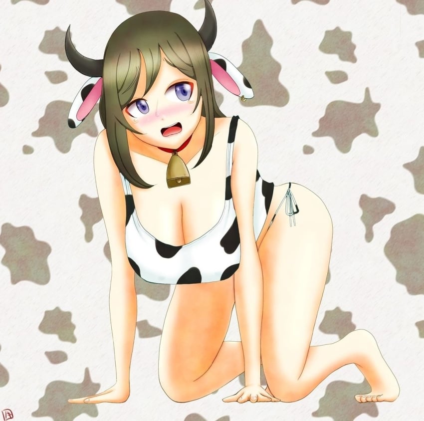 akashi_maho ass bagmozzarella blush bra cow_ears cow_girl cow_print d4dj feet huge_breasts on_hands_and_knees panties sweatdrop tears watermark wide_hips