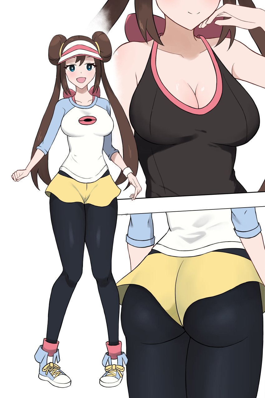 2024_pokemon_teraleak :d absurdres ass black_leggings black_tank_top blue_eyes breasts brown_hair cleavage donut_hair_bun double_bun female ganzzzo hair_bun highres large_breasts leggings long_hair multiple_views nintendo open_mouth pokemon pokemon_bw2 raglan_sleeves rosa_(pokemon) shoes short_shorts shorts simple_background smile tank_top twintails very_long_hair visor_cap white_background yellow_shorts