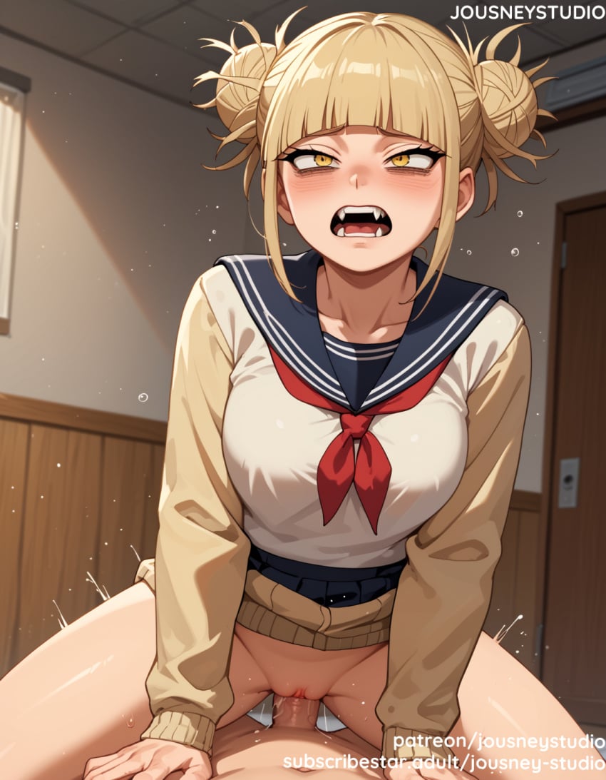 1boy ai_generated bags_under_eyes bangs blonde_hair blue_sailor_collar blue_skirt blunt_bangs blush boku_no_hero_academia bottomless breasts cardigan clitoris clothed_female clothed_female_nude_male clothed_sex clothes_lift clothing cowgirl_position double_bun fangs female hair_bun himiko_toga indoors jousneystudio large_breasts light-skinned_female long_sleeves looking_at_viewer male male_pov messy_hair my_hero_academia neckerchief neckwear nipples nopan nude nude_male on_top open_mouth penis pleated_skirt red_neckerchief red_neckwear sailor_collar saliva school_uniform semen serafuku sex shirt short_hair sidelocks sitting skirt smile solo_focus spread_legs straddling straight sweat teeth thighs tied_hair toga_himiko uniform vagina vaginal_penetration white_shirt window yellow_eyes