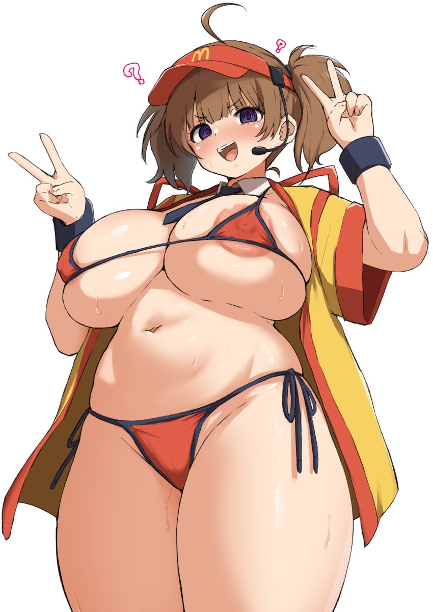 ? @_@ ahoge areola_slip bikini blush breasts brown_hair covered_nipples curvy double_cheese_(mcdonald's) double_v female highres huge_breasts imadake_dabuchi_tabemi mcdonald's navel necktie open_clothes open_mouth open_shirt purple_eyes shirt side-tie_bikini_bottom simple_background solo stomach swimsuit thick_thighs thighs v visor_cap