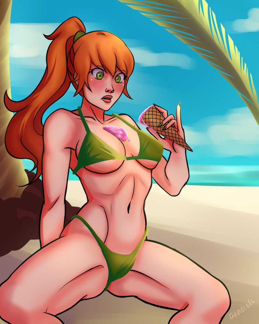 1girls aniellet aniellet(mti) beach beach_background ginger ginger_hair green_bikini green_eyes ice_cream ice_cream_on_breasts may may_(sf2) medium_breasts no_porn on_beach ponytail safe_for_work sfw shadow_fight_2 signature solo solo_female spread_legs suprised watermark