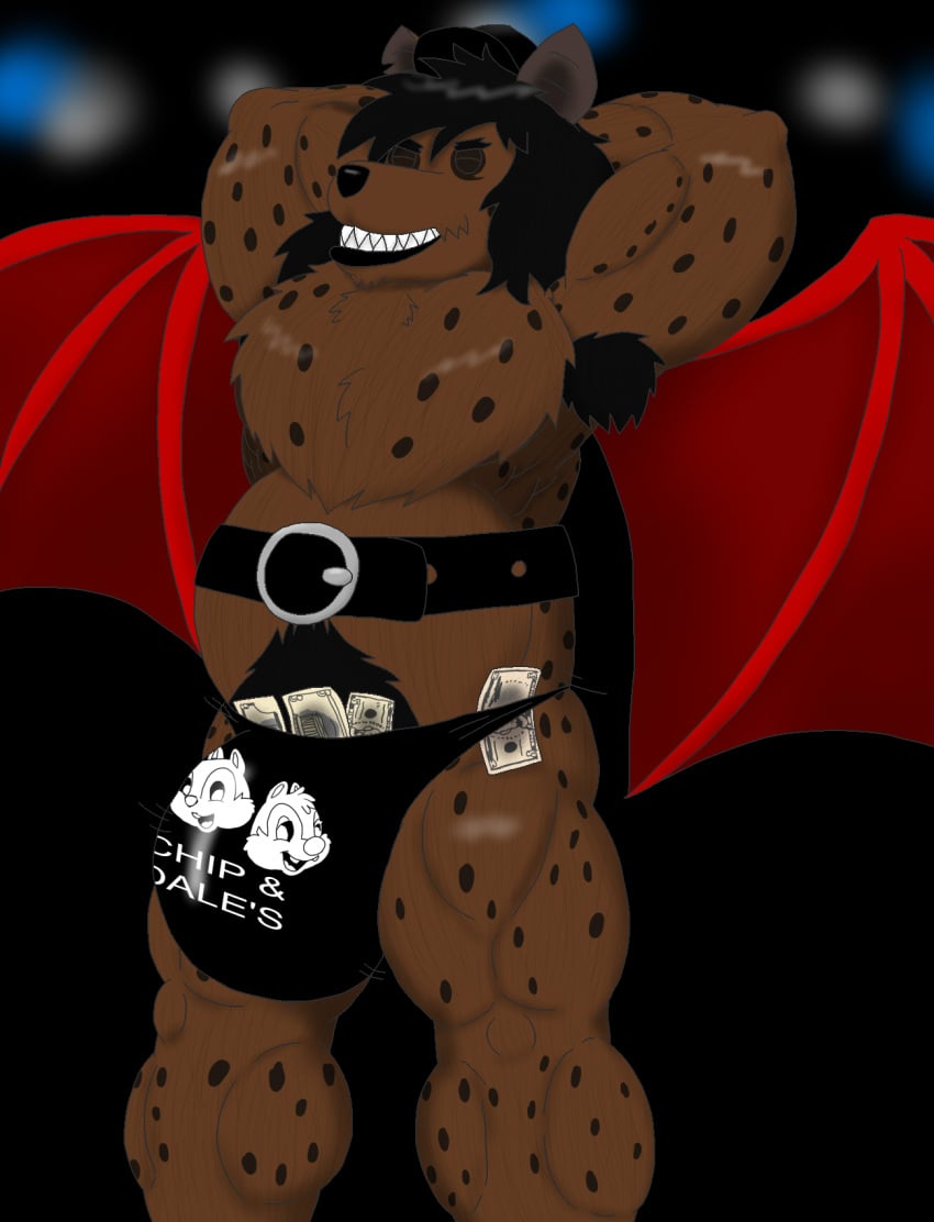 alythewolfcat anthro armpit_hair bat belt big_bulge body_hair bulge chip_'n_dale clothing disney female hi_res huge_bulge hybrid hyena joseph_vincent leaf-nosed_bat male mammal microbat money_in_thong muscular muscular_male pelvic_thrust potbelly shaking_balls solo speedo spotted_hyena stripper swimwear text_on_thong vampire_bat wings yangochiropteran