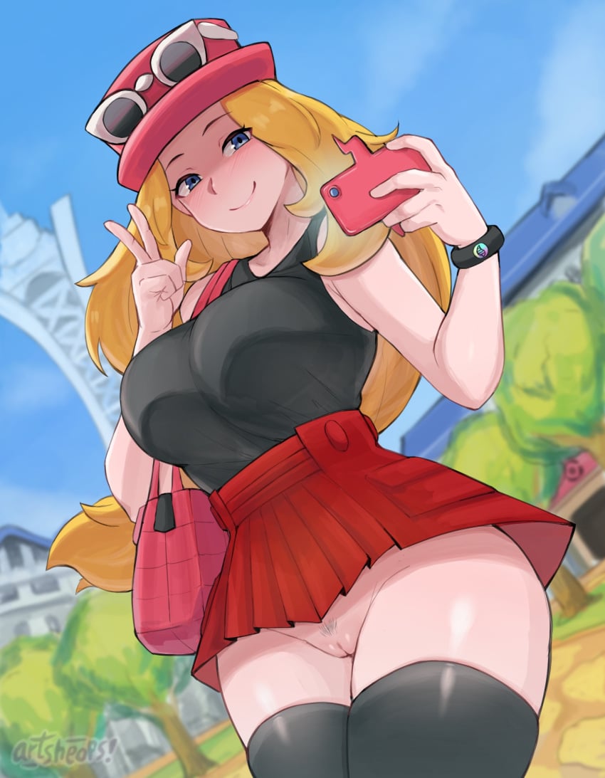 absurdres artist_name artsheops bag black_thighhighs blonde_hair blue_eyes blue_sky breasts cleft_of_venus closed_mouth commentary english_commentary eyewear_on_headwear female handbag hat highres large_breasts long_hair looking_at_viewer no_panties outdoors paid_reward_available pokemon pokemon_xy pussy red_skirt rotom rotom_phone serena_(pokemon) serena_(pokemon_games) shirt skirt sky sleeveless sleeveless_duster sleeveless_shirt smile solo taking_picture thighhighs tree w white-framed_eyewear