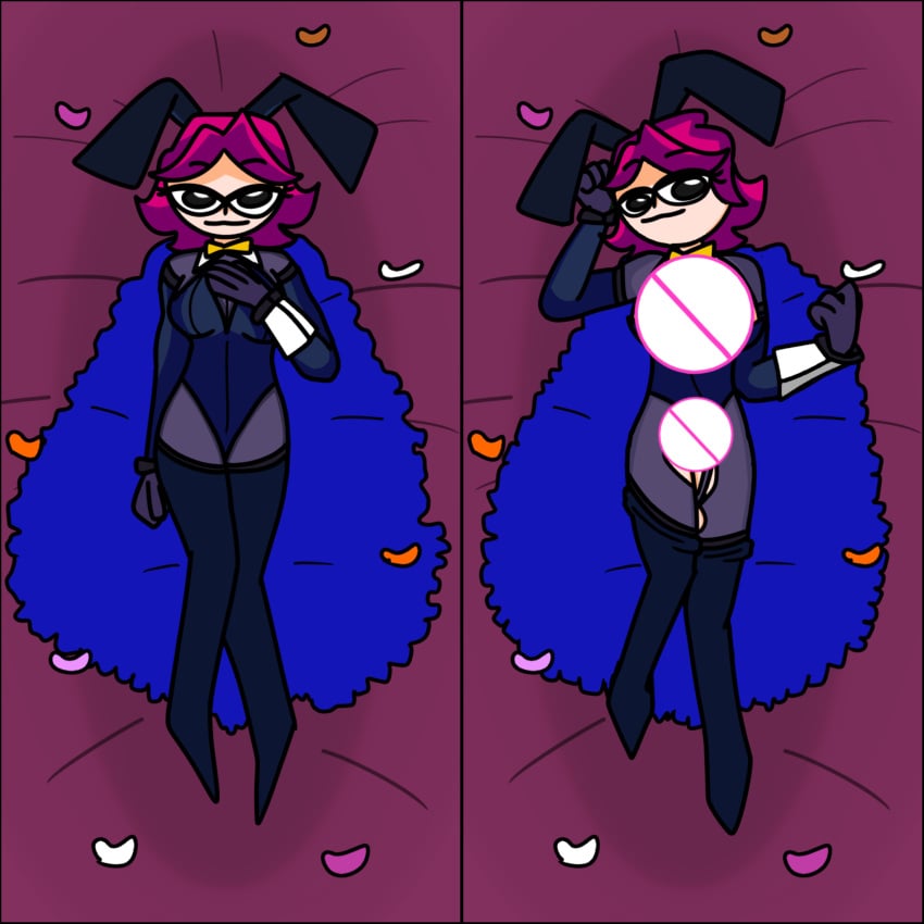 abs beanie body_pillow bodypillow breasts bunny_ears bunnygirl bunnysuit censored censored_breasts censored_pussy clothed_female cute dakimakura dakimakura_design dakimakura_pose fnf fnf_mods friday_night_funkin friday_night_funkin_mod girl glasses laying_down laying_on_bed looking_at_viewer magenta_hair muscular_female muted_melodies_remastered oc petals pussy pussy_peek rabbit_hole_(deco*27/caststation) rabbit_hole_(vocaloid) shorts smug smug_expression solo_female sparkling_eyes tactical_cupcakes tactical_cupcakes_(fnf) tearing_clothes thighs tits_out yuri