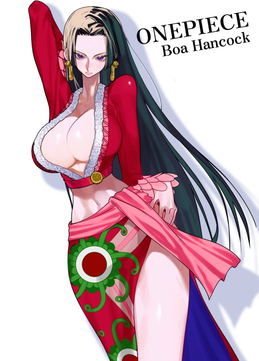 1girls bare_legs bare_thighs big_breasts black_hair blue_eyes boa_hancock clothed clothing color female female_focus female_only hi_res inner_sideboob jewelry large_breasts light-skinned_female light_skin long_hair looking_at_viewer no_bra one_piece shounen_jump siokosho_kinoko solo solo_female tagme thick_thighs