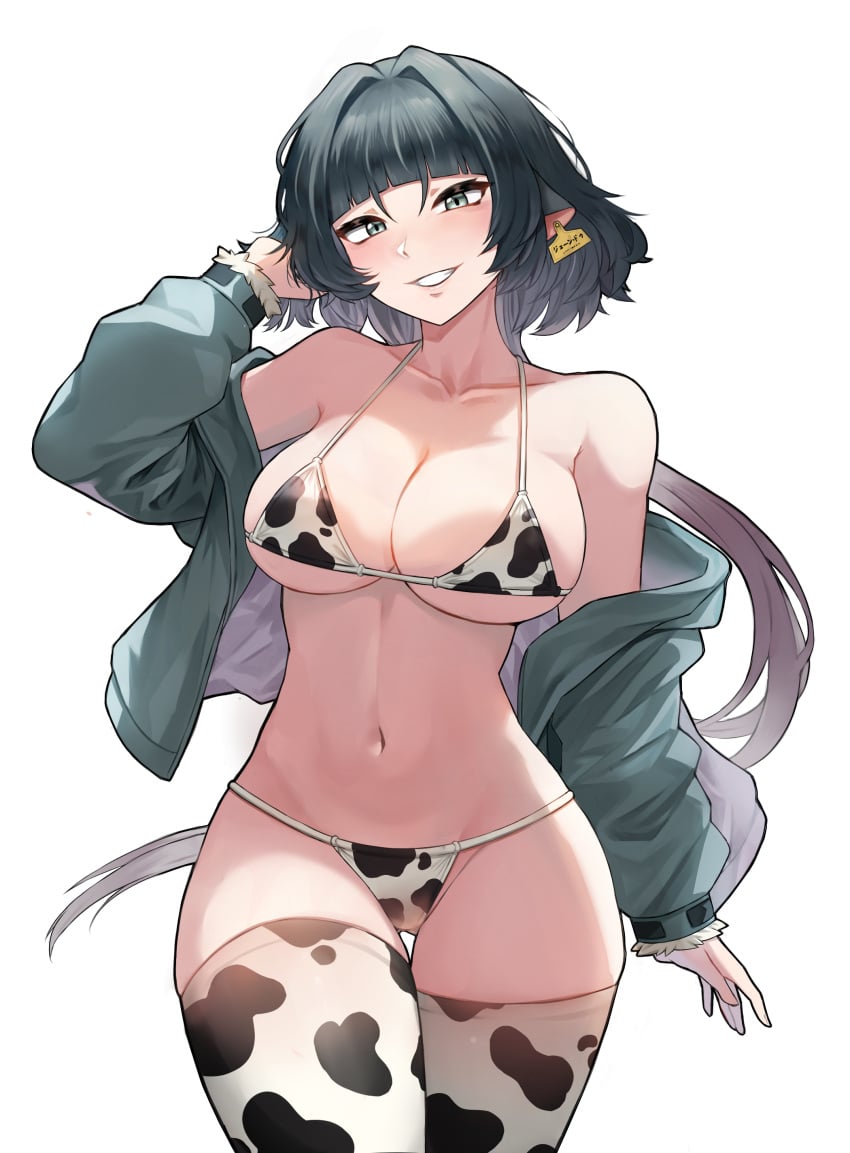 absurdres alternate_costume animal_ears animal_print bikini black_hair breasts cow_print cow_print_bikini cow_print_thighhighs female green_jacket highres jacket jane_doe_(zenless_zone_zero) large_breasts long_hair looking_at_viewer mouse_ears mouse_girl open_clothes open_jacket print_bikini print_thighhighs sanfu_(sanfu9800) simple_background smile solo standing swimsuit thighhighs white_background white_bikini white_thighhighs zenless_zone_zero