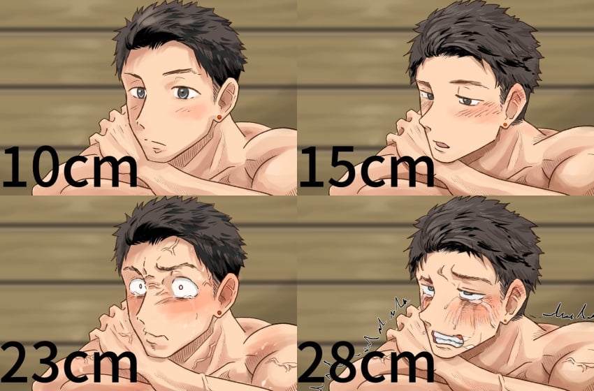 1boy ahe_gao anal anal_insertion anal_penetration before_and_after biceps blurry_background blush brown_eyes brown_hair crossed_arms crying crying_with_eyes_open earrings frown funny_face gay gritted_teeth half-closed_eyes head_on_arm hi_res male male_only male_penetrated measurements merged motyaki multiple_views muscles muscular muscular_arms muscular_male offscreen_character original original_character penis_reaction_chart resisting sequential short_hair suggestive tearing_up tears trembling veiny_arms veiny_face veiny_hands veiny_muscles veiny_neck wide_eyed wooden_wall yaoi