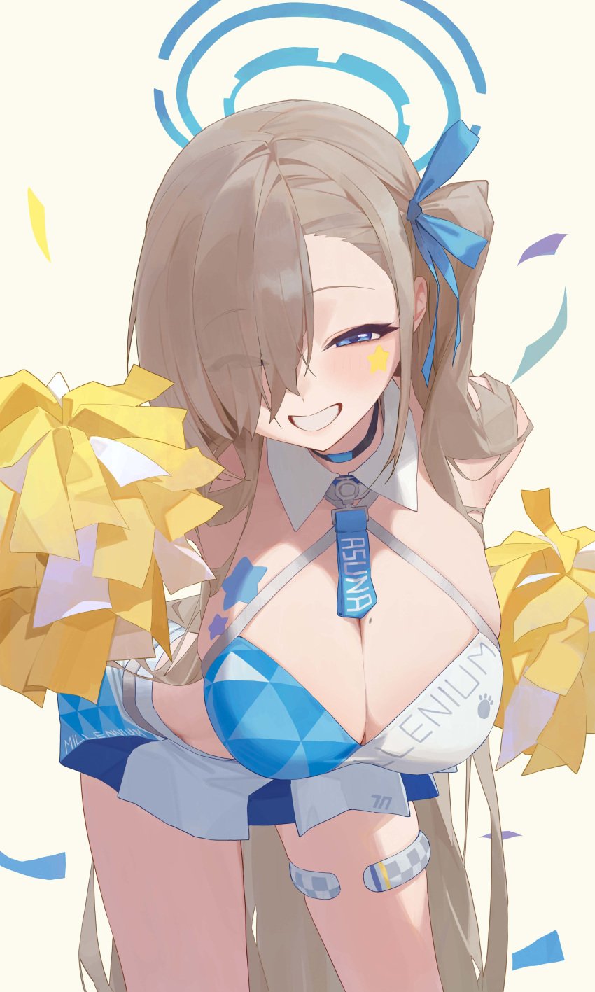 absurdres asuna_(blue_archive) black_choker blue_archive blue_eyes blue_halo blue_ribbon blush breasts brown_hair cheerleader choker cleavage commentary_request confetti eyes_visible_through_hair female hair_ribbon halo highres holding holding_pom_poms ikky large_breasts leaning_forward long_hair looking_at_viewer millennium_cheerleader_outfit_(blue_archive) mole mole_on_breast one_side_up pom_pom_(cheerleading) ribbon simple_background smile solo thighs very_long_hair white_background